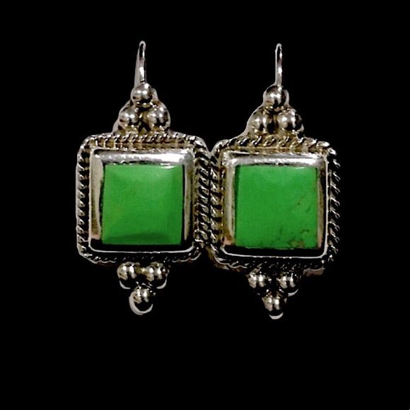 TAXCO Green Turquoise Sterling Drop Earrings - Picture 5 of 6